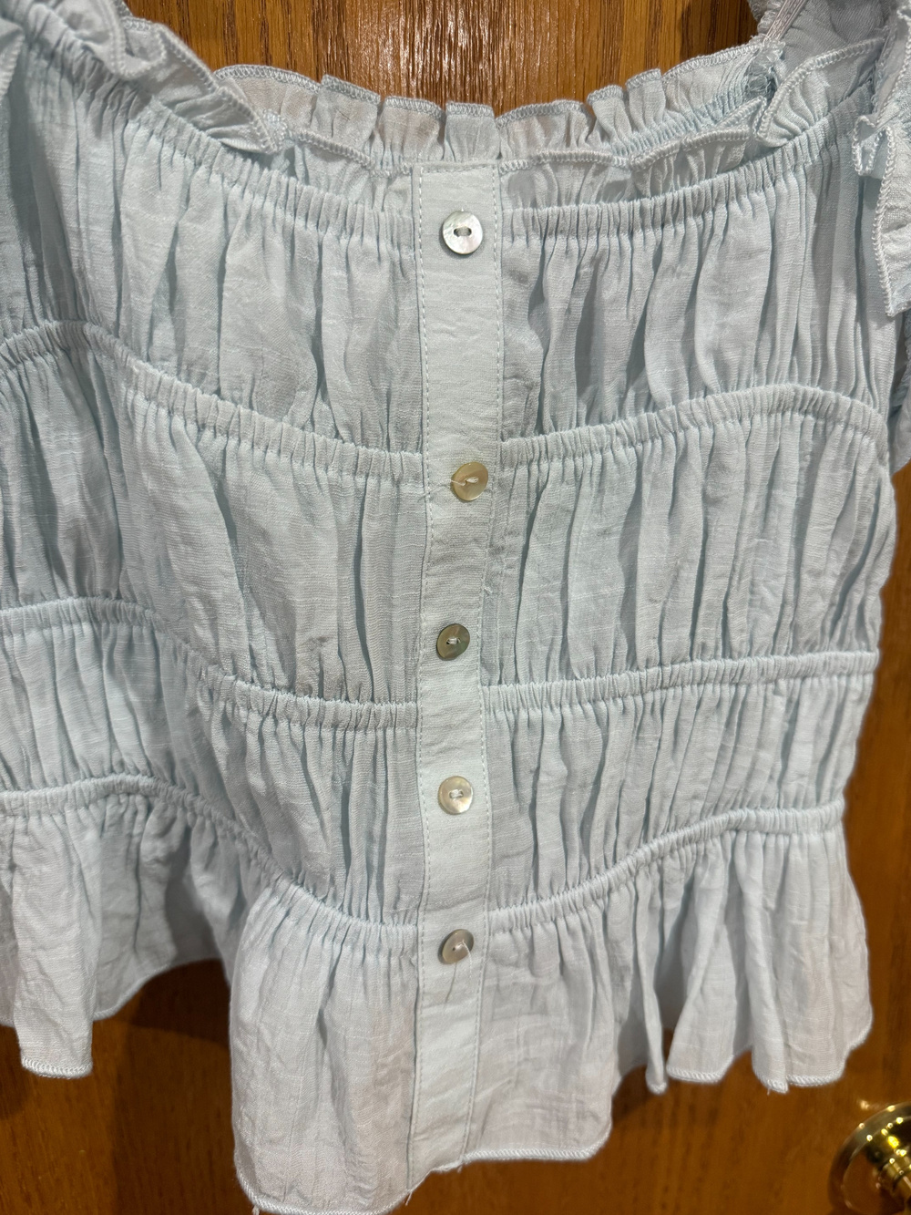 Thirty Three Light Blue Ruched Ruffle Button Front Top Size S - Picture 3 of 5